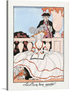 “La Leçon Bien Apprise” is a captivating artwork created by George Barbier in 1919. The piece showcases a woman, engrossed in a large book, her dress adorned with intricate details and vibrant pops of orange-red. A wide-brimmed hat, embellished with feathers, adds to her elegance. A small child, clutching a violin, peeks from behind her, adding a touch of innocence to the scene. The background, featuring architectural elements and foliage, complements the main figures, creating a harmonious composition. 