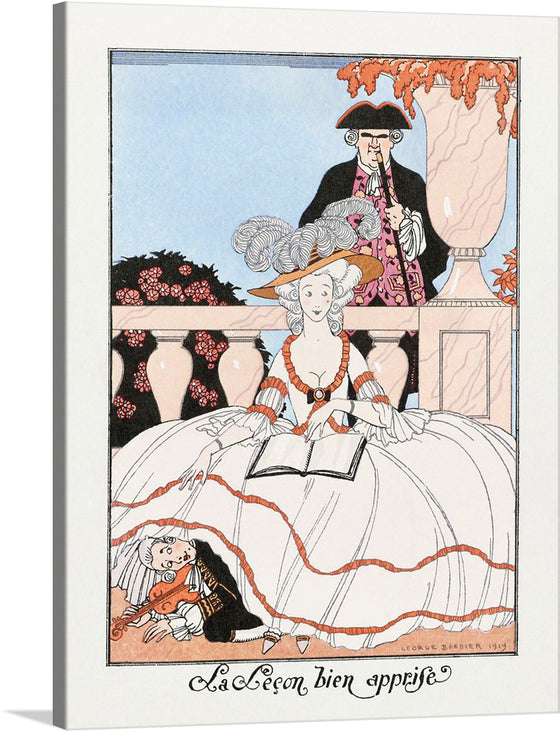 “La Leçon Bien Apprise” is a captivating artwork created by George Barbier in 1919. The piece showcases a woman, engrossed in a large book, her dress adorned with intricate details and vibrant pops of orange-red. A wide-brimmed hat, embellished with feathers, adds to her elegance. A small child, clutching a violin, peeks from behind her, adding a touch of innocence to the scene. The background, featuring architectural elements and foliage, complements the main figures, creating a harmonious composition. 