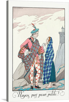  Immerse yourself in the whimsical world of this enchanting print, “N'ayez pas peur, petite!”. The artwork features two characters in colorful plaid attire set against the serene backdrop of a distant castle and cloudy skies. The intricate patterns on their clothing and the bold outlines create a striking contrast, transporting you to a realm where fantasy and reality intertwine. 