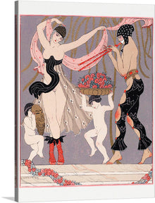  “The Dance of the Flowers (1929)” by George Barbier is a mesmerizing glimpse into an opulent world where elegance and botanical enchantment converge. Barbier, a French illustrator celebrated during the Art Deco period, weaves magic with his brushstrokes. In this ethereal scene, four figures sway in a celestial ballet, their movements echoing the delicate petals of blossoms.
