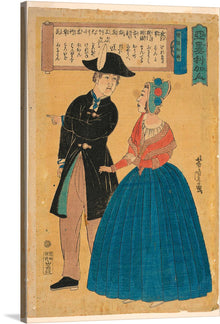  “An American Officer Indicating Directions to his Wife (“Amerikajin”)” is a woodcut print by Yoshitora Utagawa. The print is part of the series “Japanese Translations of Barbarian Words (Bango wakai)” and depicts a standing man and woman in western costume. 