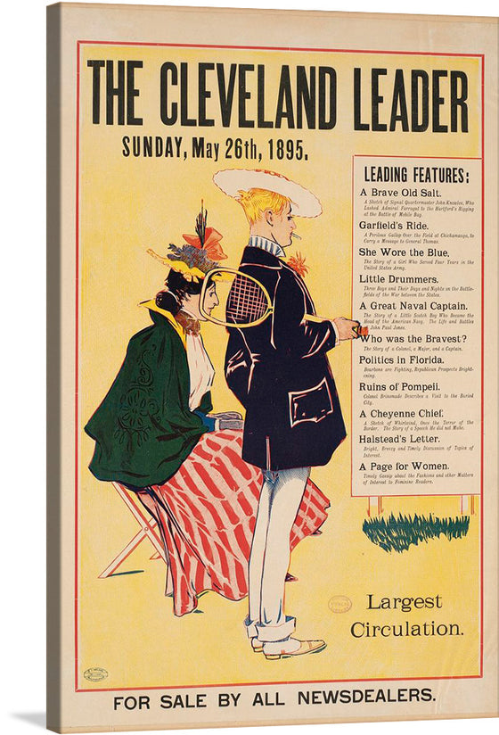 Step back in time with this captivating print of “The Cleveland Leader” from May 26th, 1895. The artwork captures a moment frozen in the Victorian era, featuring two elegantly dressed figures engrossed in a newspaper. The vibrant colors and intricate details breathe life into history, making it a perfect piece for those enchanted by the past. Every glance at this print offers a journey to an age where every headline and feature was consumed with fervor and anticipation. 