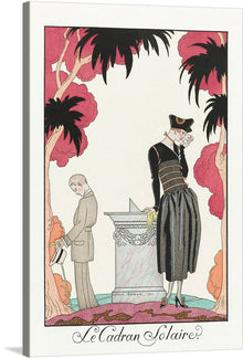  “Le Cadran Solaire (1922)” is a stunning fashion illustration by George Barbier that captures the essence of early 20th-century artistry. The artwork features two individuals standing near a sundial, one appears to be reading or writing while the other observes.