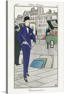  Experience the beauty of Parisian fashion in the early 20th century with Bernard Boutet de Monvel’s “Costumes Parisiens (1913)”. This beautiful print features a man in a blue suit walking down a Parisian street, with a backdrop of buildings and shops.