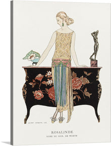  “Rosalinde: Robe du soir (1922)” by George Barbier is an exquisite print that captures the epitome of 1920s fashion and art deco style. The artwork features a woman adorned in an intricately designed evening gown, embodying grace and luxury. Every detail, from the floral backdrop to the elegant drapery of the dress, is meticulously crafted to transport you to an era where art and fashion were synonymous with opulence. 