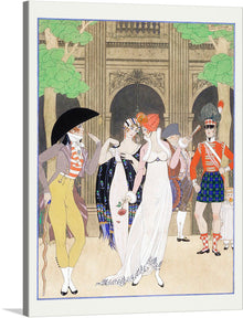  “La Merveilleuse au Palais Royal” is a mesmerizing artwork by George Barbier, created in 1921. The scene unfolds in front of a grand architectural structure, possibly a palace, with intricate designs and large doors. At the center, two women command attention, one in a white gown with floral designs, the other in an orange hat, adding a splash of color. Three men, each distinct in their attire, contribute to the narrative, while a child in blue echoes the military attire of one man. 