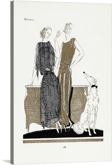  This artwork is a timeless piece that exudes elegance and sophistication. It features two graceful figures, each adorned in stylish attire that speaks volumes of classic beauty. The poised stance of the characters is accentuated by the presence of a loyal canine companion, adding a touch of warmth and loyalty to the composition. The minimalist yet expressive strokes breathe life into this piece, making it a captivating addition to any art collection.