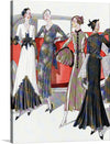 This print is a vibrant celebration of early 20th-century fashion, featuring four elegantly dressed women, each radiating their own unique style. The women, adorned in dresses of black, white, purple, and green, stand against a&nbsp;red car, their accessories - umbrellas and purses - adding to the charm.
