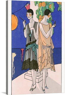  “Two Young Women Smoking Cigarettes Through a Cigarette Holder (1926)” by Premet and George Doeuillet transports you to the glamorous era of the 1920s. This exquisite fashion illustration captures the essence of sophistication and rebellion. The two women, clad in elegant orange and grey dresses, hold cigarette holders with an air of nonchalant confidence. 