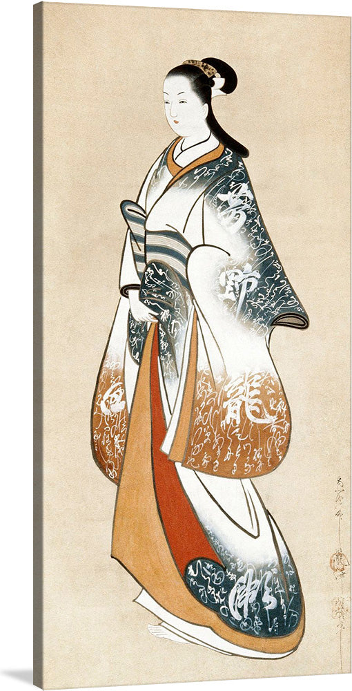 “Japanese Woman in Kimono (1730)” by Takizawa Shigenobu is a stunning artwork that captures the essence of Japanese artistry. The piece features a woman in traditional Japanese attire, standing upright with one hand slightly raised. 