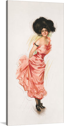  Experience the beauty of the early 20th century with Gray Lith. Co.'s “Coquette (1905)”. This beautiful print features a woman in a flowing pink dress with a black hat, her back turned to the viewer. 