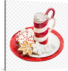   It features a red and white plate with Christmas cookies and a cup of hot cocoa topped with marshmallows. The candy cane handle on the cup adds a touch of whimsy. 