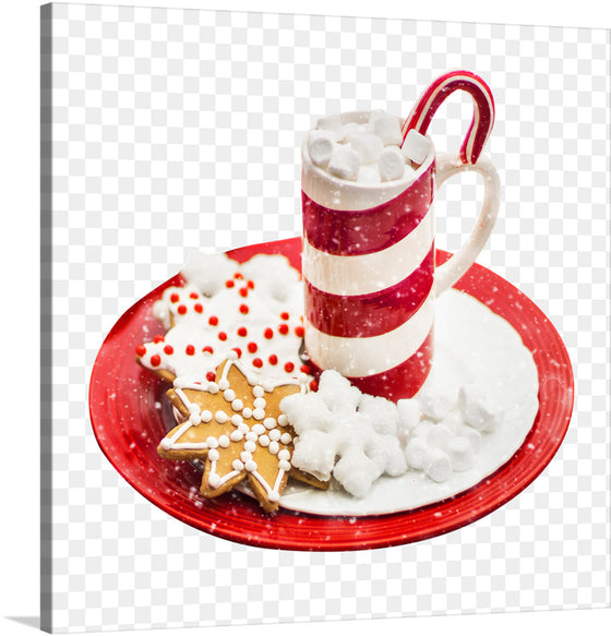  It features a red and white plate with Christmas cookies and a cup of hot cocoa topped with marshmallows. The candy cane handle on the cup adds a touch of whimsy. 