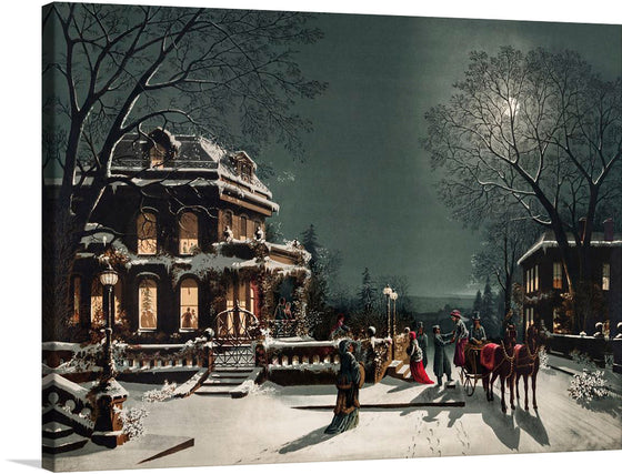 “Christmas Even” by Joseph Hoover & Sons Co. is a beautiful and nostalgic print that captures the essence of a Victorian age Christmas Eve party. The artwork depicts the arrival of guests at the party, with the snow-covered streets and the warm glow of the house’s windows in the background. 