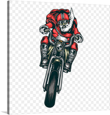  “Santa Riding Bike” is a playful and modern take on the beloved character that promises to be a conversation starter. This vibrant artwork, rich in detail and color, showcases Santa clad in his iconic red suit, taking the reins of a classic motorcycle. The image is an illustration of Santa Claus riding a motorcycle. Santa is wearing his traditional red suit with white fur trim.