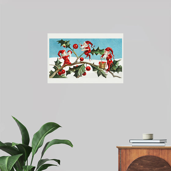 "Santa elves painting berries on holly leaves",  L. Prang & Co.