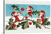 “Santa Elves Painting Berries on Holly Leaves” by L. Prang & Co. is a mesmerizing artwork that captures the whimsical essence of the holiday season. The image depicts three Santa elves painting red berries on green holly leaves. Each elf is dressed in vibrant red attire, and they are perched on branches, engaged in painting the berries with small brushes. 