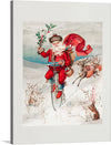 “Santa Claus on a Penny Farthing with Reindeer Trailing and a Rabbit” by L. Prang & Co. is a captivating artwork that captures the whimsical spirit of the holiday season. The image depicts Santa Claus riding a penny farthing bicycle through a snowy landscape, accompanied by two loyal reindeer and a curious rabbit. Santa is dressed in his traditional red outfit with white trimmings and holds holly branches in one hand while steering with the other. 