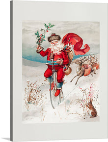  “Santa Claus on a Penny Farthing with Reindeer Trailing and a Rabbit” by L. Prang & Co. is a captivating artwork that captures the whimsical spirit of the holiday season. The image depicts Santa Claus riding a penny farthing bicycle through a snowy landscape, accompanied by two loyal reindeer and a curious rabbit. Santa is dressed in his traditional red outfit with white trimmings and holds holly branches in one hand while steering with the other. 