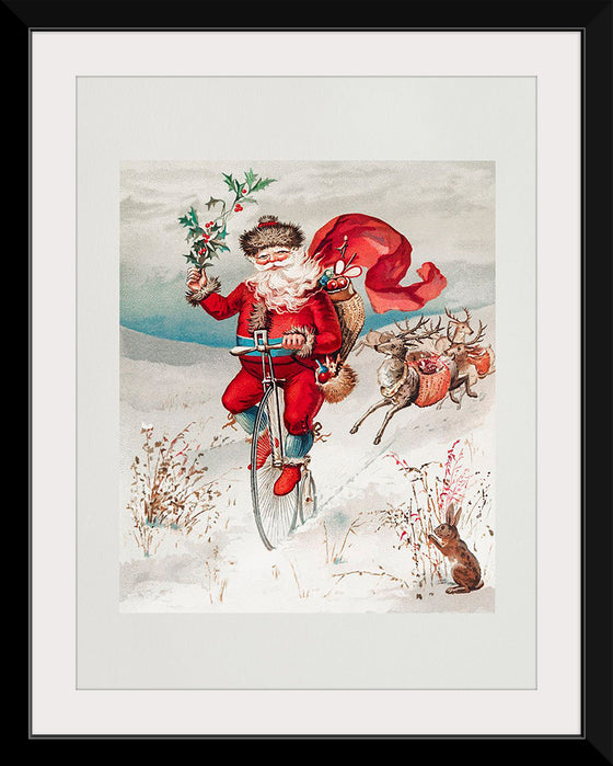 "Santa Claus on a penny farthing with reindeer trailing and a rabbit",  L. Prang & Co.