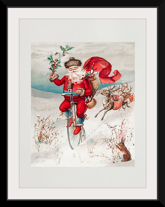 "Santa Claus on a penny farthing with reindeer trailing and a rabbit",  L. Prang & Co.