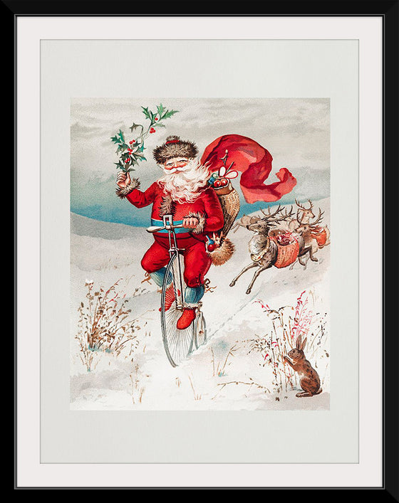 "Santa Claus on a penny farthing with reindeer trailing and a rabbit",  L. Prang & Co.