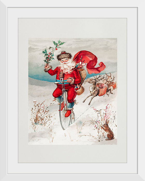 "Santa Claus on a penny farthing with reindeer trailing and a rabbit",  L. Prang & Co.