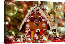  Step into a whimsical world of holiday magic with this enchanting gingerbread house adorned with festive Christmas decorations and surrounded by playful bubbles. This delightful artwork captures the essence of the holiday season, evoking feelings of warmth, joy, and nostalgia.