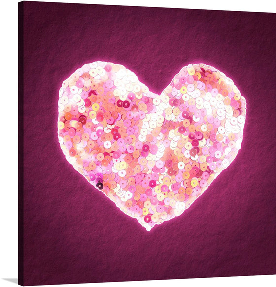 “Pink Sequin Heart”. This artwork is a stunning portrayal of luxury and elegance. The heart shape is well-defined and prominently displayed in the center of the image. Each sequin reflects light differently, adding sparkle and texture to the overall artwork.
