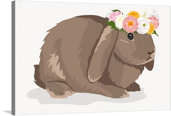 This charming artwork features a brown rabbit wearing a delicate flower crown on its head. The intricate details of the floral arrangement and the rabbit's fur make this piece a true masterpiece. It's perfect for animal lovers and those who appreciate the beauty of nature. Hang it in your home or office to add a touch of whimsy and elegance to any space. 