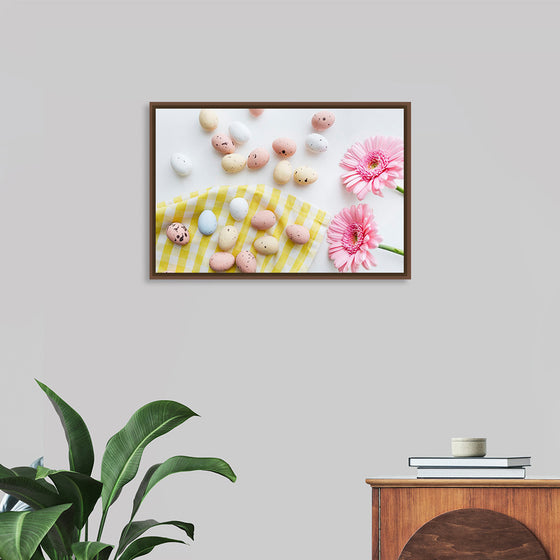 "Chocolate Easter Eggs and Pink Gerbera Flatlay"