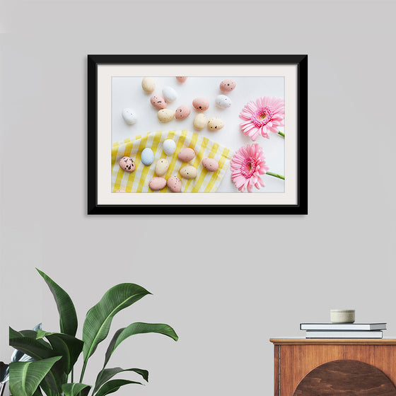 "Chocolate Easter Eggs and Pink Gerbera Flatlay"