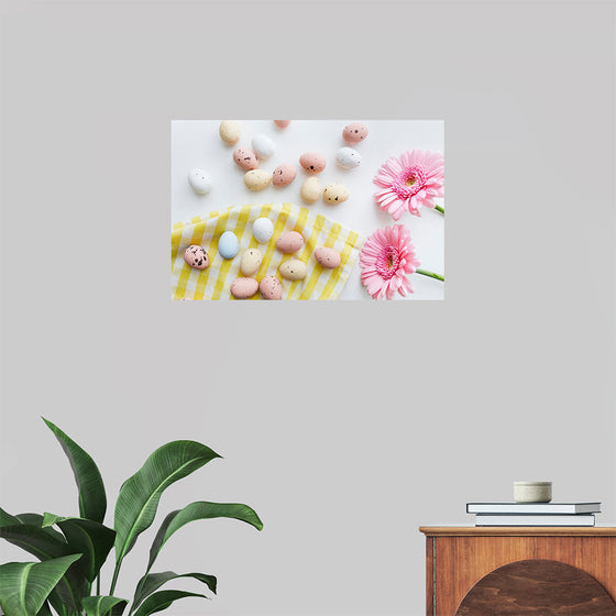 "Chocolate Easter Eggs and Pink Gerbera Flatlay"