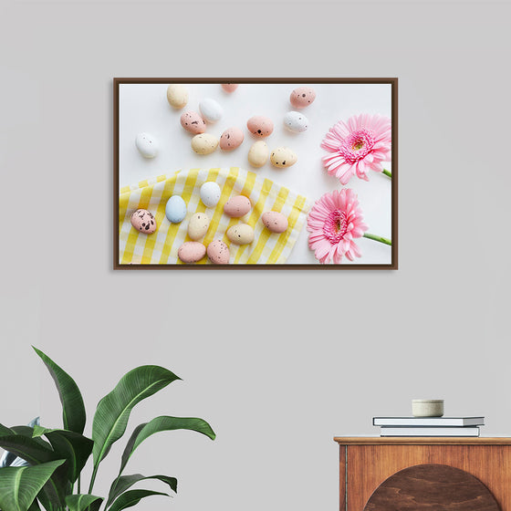 "Chocolate Easter Eggs and Pink Gerbera Flatlay"