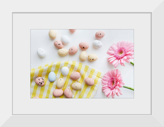 "Chocolate Easter Eggs and Pink Gerbera Flatlay"