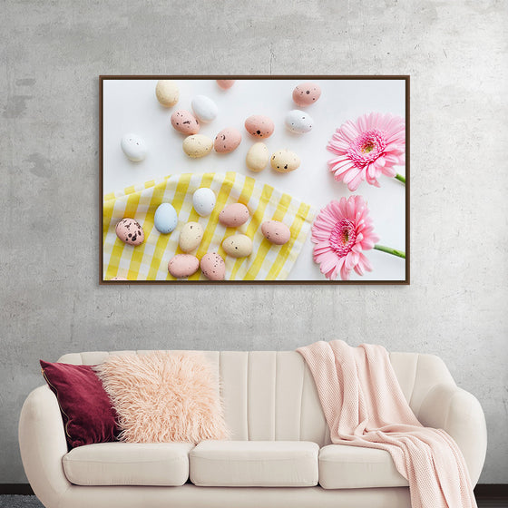 "Chocolate Easter Eggs and Pink Gerbera Flatlay"