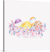 The artwork brings to life four meticulously painted Easter eggs, each boasting a unique design and palette, nestled amidst a sea of whimsically tangled ribbons. The soft watercolor hues of lavender, buttery yellow, and sky blue are as refreshing as a spring breeze. 