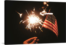  This print captures the vibrant energy of celebration. A hand gracefully holds an American flag, its stars and stripes vivid against a backdrop of darkness, symbolizing hope and unity. Beside it, a sparkler dances in the night, weaving intricate patterns of light that embody the spirit of freedom and joy. Every golden spark is a testament to moments of collective jubilation and personal reflection. 