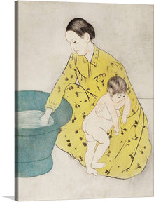  Immerse yourself in the tender and serene world captured in this exquisite artwork. The print, a delicate interplay of soft hues and gentle lines, portrays a moment of pure innocence and maternal warmth. A child, full of curiosity and wonder, explores the world around them under the watchful eye of their guardian. Adorned in a vibrant yet soothing yellow kimono patterned with intricate designs, the guardian extends an aura of protection and love. 