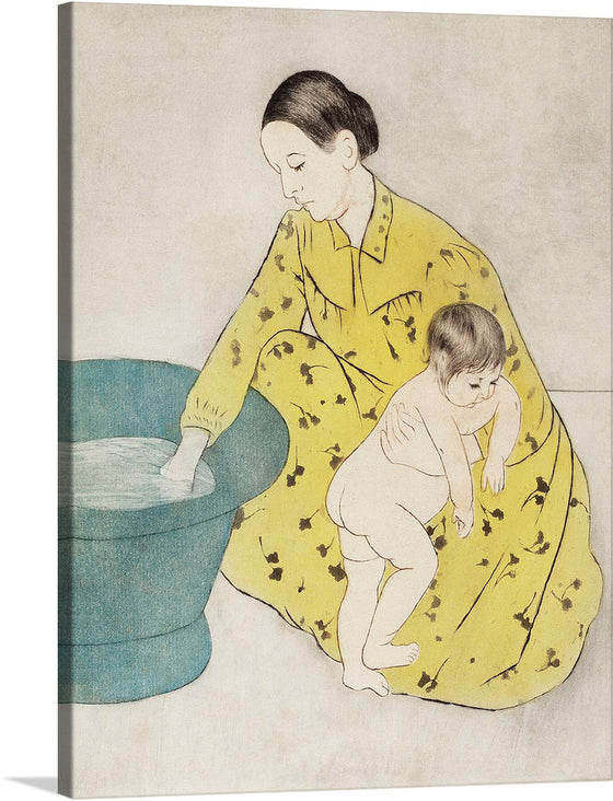 Immerse yourself in the tender and serene world captured in this exquisite artwork. The print, a delicate interplay of soft hues and gentle lines, portrays a moment of pure innocence and maternal warmth. A child, full of curiosity and wonder, explores the world around them under the watchful eye of their guardian. Adorned in a vibrant yet soothing yellow kimono patterned with intricate designs, the guardian extends an aura of protection and love. 