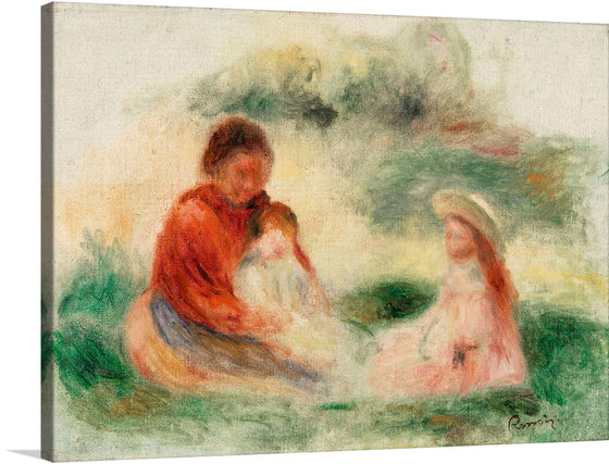 “Young Family (La Jeune famille)” is a beautiful oil painting by the French artist Pierre-Auguste Renoir. It depicts a family of three, a mother, father, and child, in a peaceful outdoor setting. The painting is a perfect example of Renoir’s signature style, which is characterized by soft, fluid brushstrokes and vibrant colors.