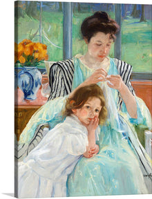  Immerse yourself in the tender moments of “Young Mother Sewing,” a captivating artwork now available as a premium print. This exquisite piece captures the serene instance of a mother, adorned in an elegant dress with light blue tones and striped sleeves, delicately grooming her child dressed in white. 