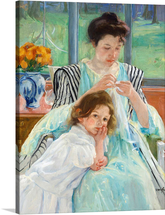 Immerse yourself in the tender moments of “Young Mother Sewing,” a captivating artwork now available as a premium print. This exquisite piece captures the serene instance of a mother, adorned in an elegant dress with light blue tones and striped sleeves, delicately grooming her child dressed in white. 