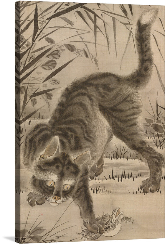 “Cat catching a Frog” by Kawanabe Kyosai is a playful and engaging artwork that would make a great addition to any home. The print features a cat in mid-pounce, ready to catch a frog. The artist’s use of line and color create a sense of movement and energy, making this piece a perfect conversation starter. 