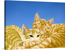 “Snuggling cats in blue and yellow” by Waithamai is a heartwarming artwork that captures the essence of feline companionship. The print features two cats snuggled up together, their bodies intertwined in a loving embrace. 