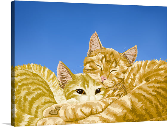 “Snuggling cats in blue and yellow” by Waithamai is a heartwarming artwork that captures the essence of feline companionship. The print features two cats snuggled up together, their bodies intertwined in a loving embrace. 