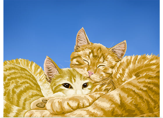 "Snuggling cats in blue and yellow" Waithamai