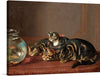 “Cats by a fishbowl” by Horatio Henry Couldery is a beautiful print that captures the curiosity of cats. The painting features three tabby cats gathered around a fishbowl, their eyes fixated on the fish inside. The painting is signed “H. H. Couldery” in the bottom right corner.