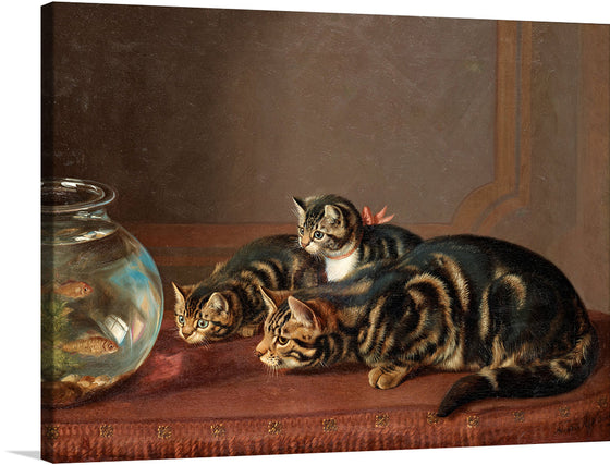 “Cats by a fishbowl” by Horatio Henry Couldery is a beautiful print that captures the curiosity of cats. The painting features three tabby cats gathered around a fishbowl, their eyes fixated on the fish inside. The painting is signed “H. H. Couldery” in the bottom right corner.