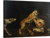 The artwork depicts a tense scene of two dogs snarling and baring their teeth as they fight over a piece of meat. The background is dark, making the dogs the only source of light, which adds to the intensity of the scene. This print, with its raw emotion and stark realism, would make a bold statement in any room. 